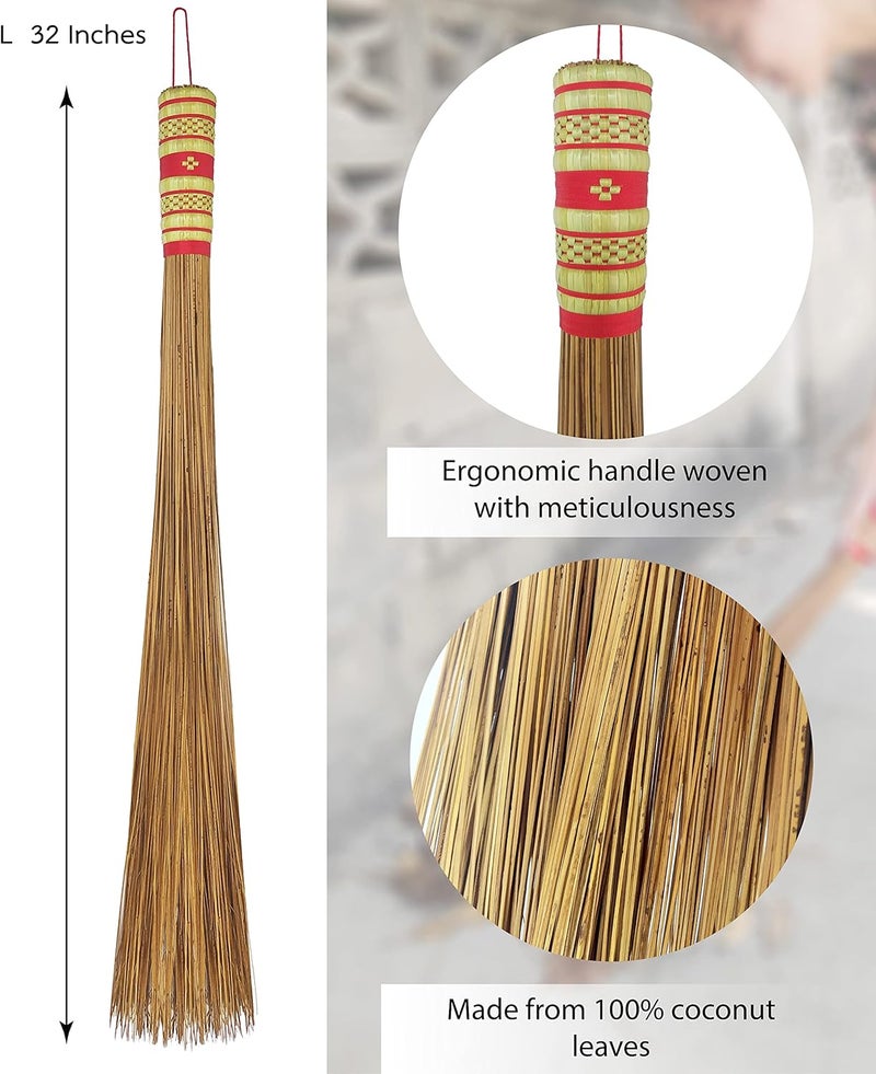AW BROOMS 32 inch Multi-Surface Sturdy Outdoor Authentic Coconut Leaf Broom Asian Heavy Duty Broom Thai Natural Coconut Leaf Broom (Country Rustic) (1 Piece) - Image 1